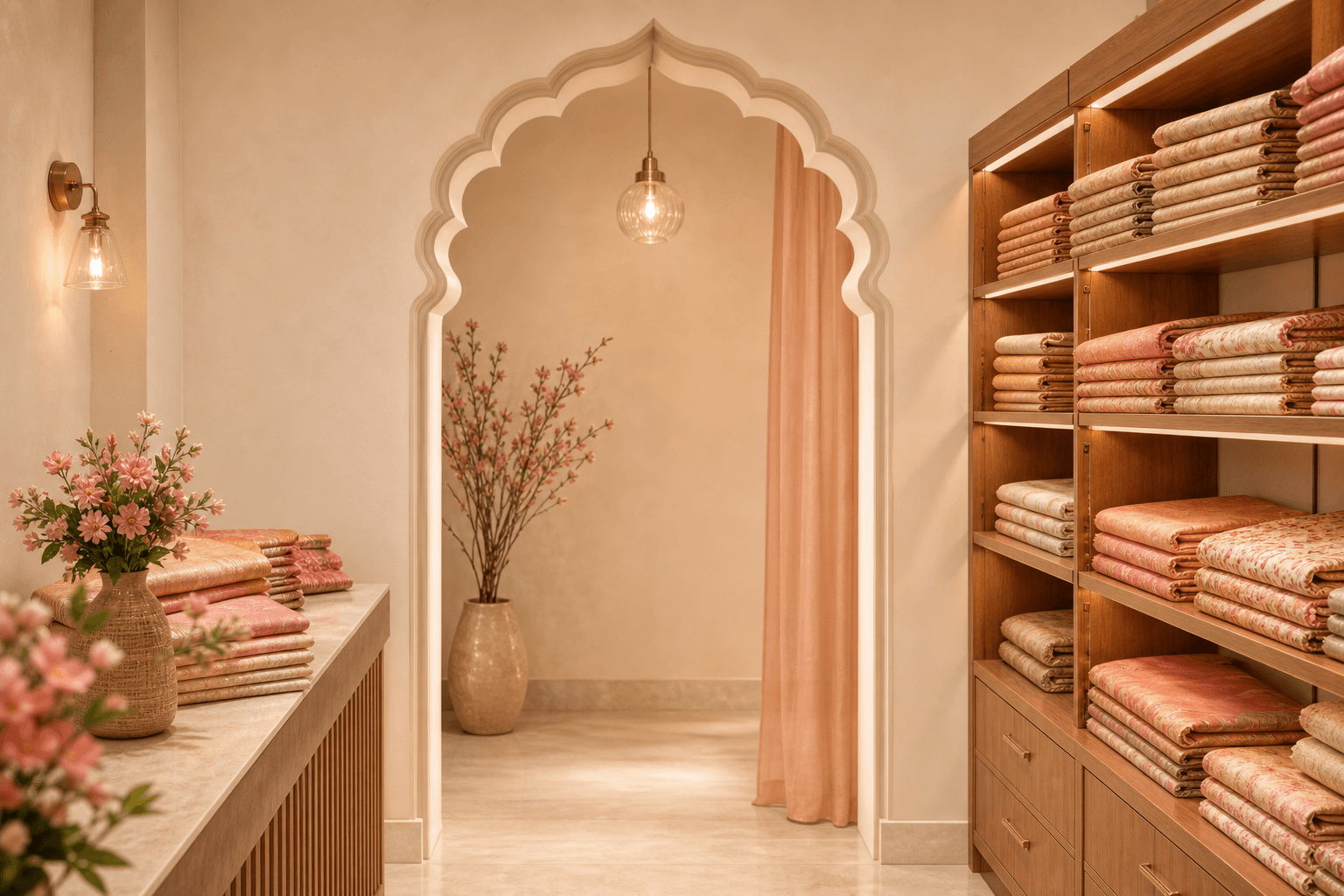Warm ivory Nhavyaas Boutique interior with sarees on display