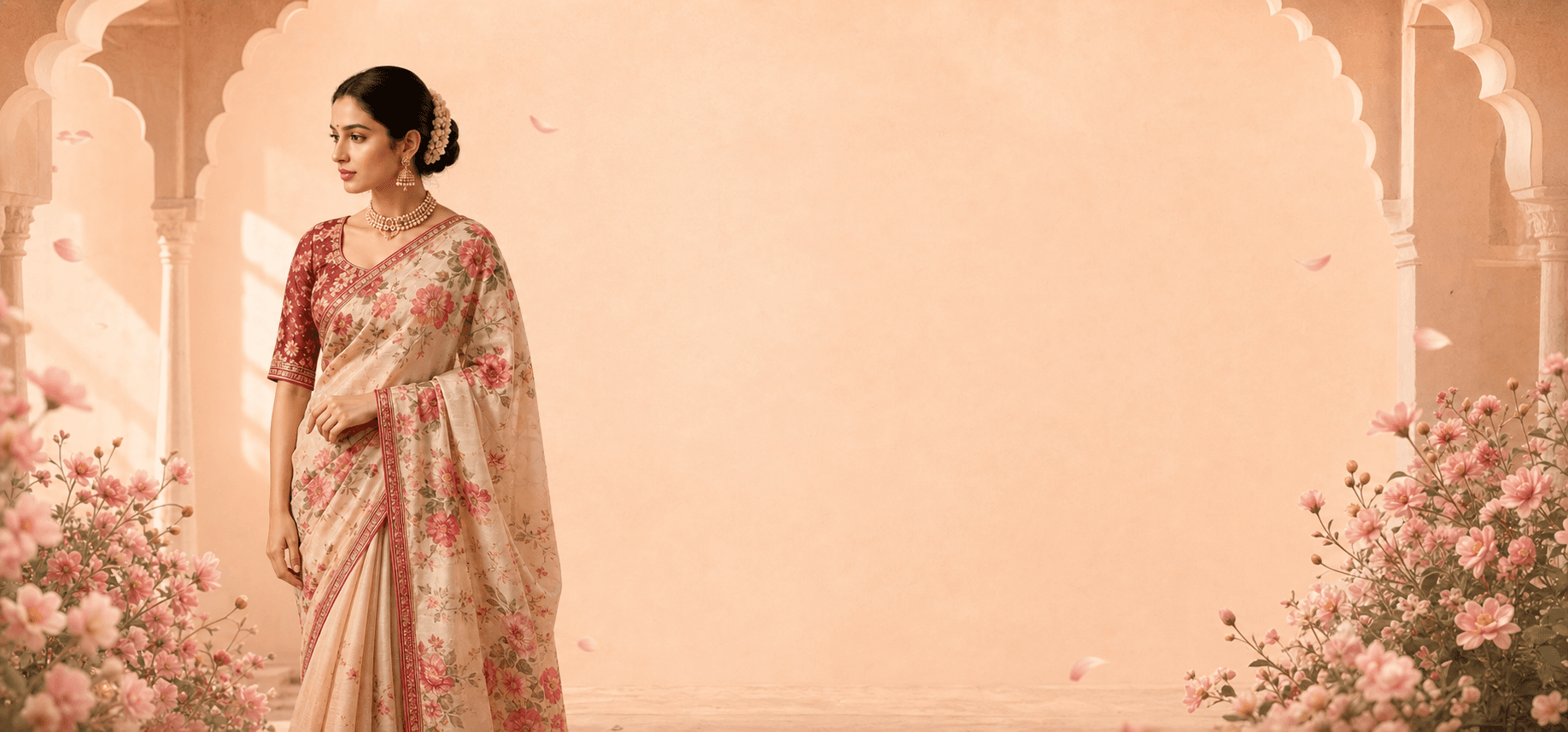 Woman wearing a cream and coral floral saree in a warm Indian arcade